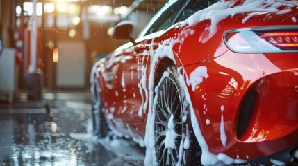 High-end Red sport car washed and covered with soap. Automotive, luxury close up shot.