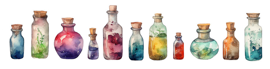 Set of watercolor bottles with colorful enchanted potions isolated on transparent background.