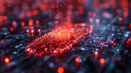 A holographic fingerprint scanner projecting a protective shield around encrypted data, highlighting advanced cyber security measures