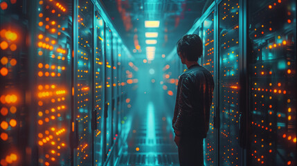 A futuristic server room bustling with activity as digital architects discuss network optimizations and security protocols
