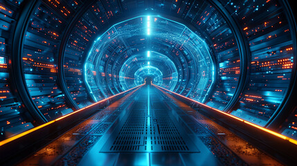 A futuristic server room bustling with activity as digital architects discuss network optimizations and security protocols