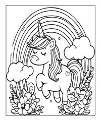 Fototapeta premium Cute unicorn with rainbow. black and white vector illustration for coloring book, Generative AI