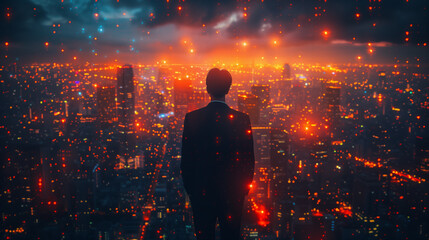 A businessman's silhouette interacts with glowing nodes of interconnected data, shaping the future of technological integration in business strategy