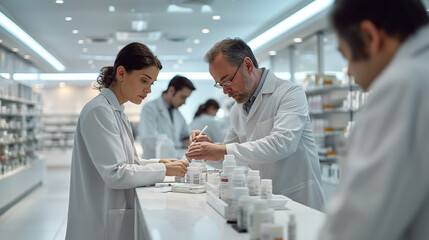 Fototapeta premium Pharmacist and Assistant Organizing Medication in Modern Pharmacy