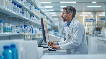 Naklejka na ściany i meble Professional Pharmacist Working on Computer in Modern Pharmacy