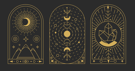 Set of Modern magic witchcraft cards with sun and moon. Line art occult vector illustration - 784715941