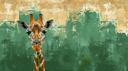 A dreamy giraffe in an abstract landscape of soothing green and blue tones, exuding a peaceful and whimsical aura. - obrazy, fototapety, plakaty