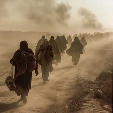 A convoy of weary refugees trudges along a dusty road, their faces etched with exhaustion and fear as they flee the violence and destruction of their homeland
