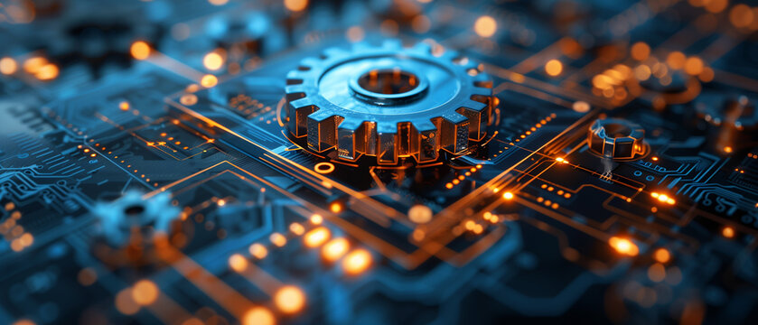 A blueprint-themed background with binary code overlay, featuring a gear icon symbolizing planning and automation