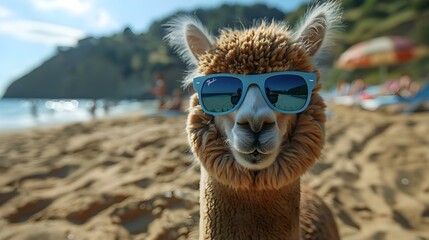 Obraz premium Chill Alpaca's Seaside Escape. Concept Alpacas, Beach Vacation, Relaxation, Nature Photography, Animal Portraits