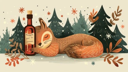 A cute squirrel peacefully sleeping while cuddling a whiskey bottle, set against a colorful minimalist backdrop of dark and light greens, white stars, and red hues.