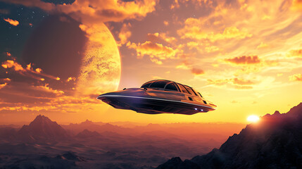 Obraz premium Flying car against a cosmic sunset. Copy Space.