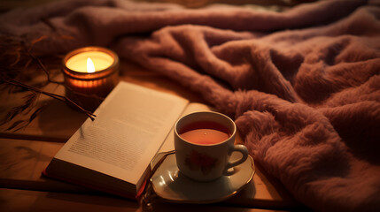 Evening with a book and a cup of tea on a soft rug. In the style of hygge.