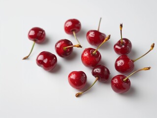 ripe cherries in dew on a white background
