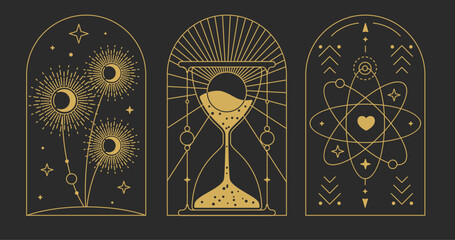 Set of Modern magic witchcraft cards with hourglass, sun, moon and dandelions. Line art occult vector illustration