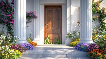 Fototapeta na wymiar Elegant House Entrance Adorned with Vibrant Garden Flowers