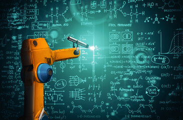 XAI Robot arm AI analyzing mathematics for mechanized industry problem solving. Concept of robotics technology and machine learning for automated manufacturing process.