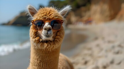 Fototapeta premium Chill Alpaca's Seaside Vacation Vibes. Concept Vacation, Seaside, Chill, Alpaca, Vibes