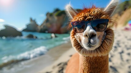 Obraz premium Chill Alpaca Soaking up Sun on Seaside Holiday. Concept Seaside Escapade, Alpaca Photoshoot, Relaxing Vacation