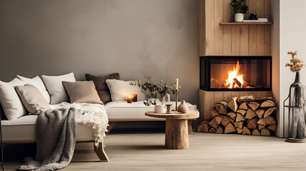 Fireplace corner with wooden elements in Scandinavian style.