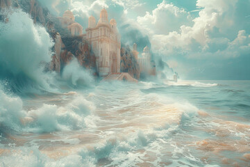 A scenic vista with a seamless fusion of ocean waves and architectural structures - obrazy, fototapety, plakaty