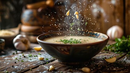 a professional photograph of a Garlic soup, on a wooden table