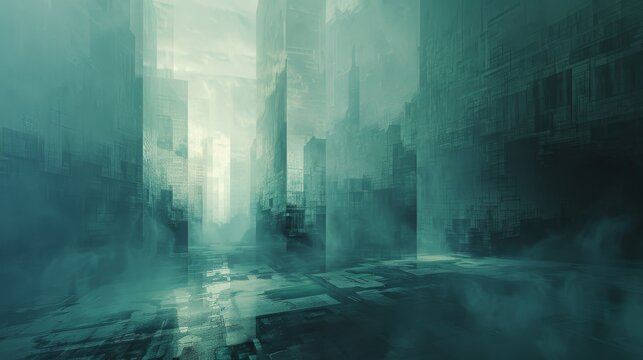 A hauntingly beautiful image of virtual zombies emerging in an abstract, minimalist background at dawn in an empty city. Teal blue, light blue, and light gray patterns
