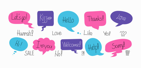 Phrases of conversation in bubbles. Online chat clouds with various words, comments, information forms. Suitable for illustrating reactions. Vector illustration, doodle drawings with text.