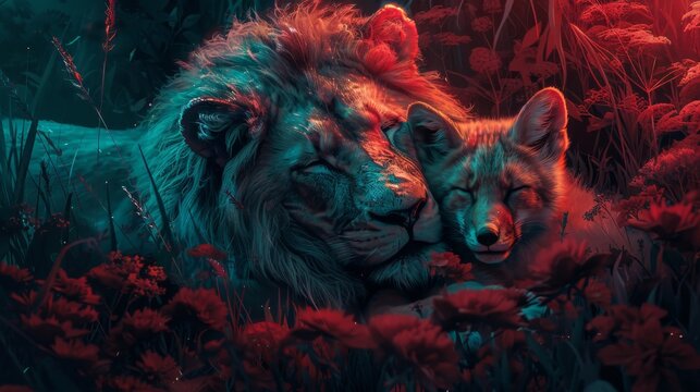 A peaceful glade where a lion and fox lay side by side, symbolizing strength and cunning. Nature's colors of hunter green and raspberry evoke harmony and renewal.