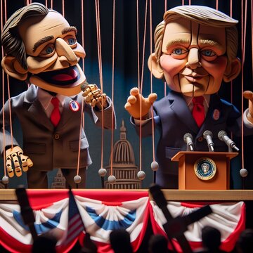 Marionette politicians puppets on a theatrical stage representing a political debate