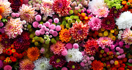 Flowers background with beautiful red,orange,pink,purple,green and white chrysanthemum flowers. For wedding and presentation.
