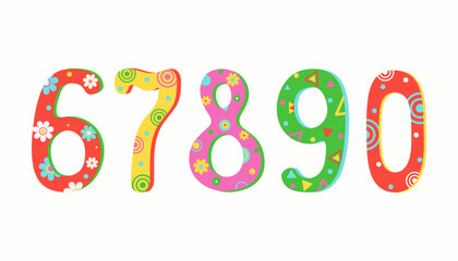 Set of numbers with multi-colored ornaments, digital figure . Design for children's parties, birthdays. Number series from 6 to 9. Calendar date. Vector illustration.