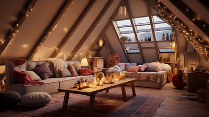 Family games and coziness on the attic. In the style of hygge