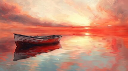 A tranquil lake with a solitary boat, under a pastel sky of white, pink, and sky blue. A red aura symbolizes renewal and passion, offering a sanctuary for soul rejuvenation. - obrazy, fototapety, plakaty