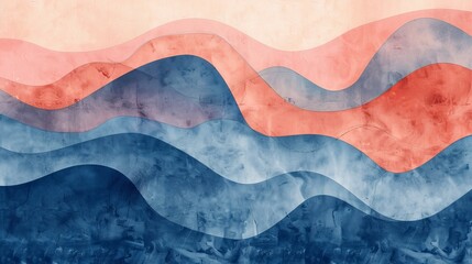 An abstract image of a serene paradise, blending royal blue and peach tones in a minimal design, creating a sense of peaceful elegance.
