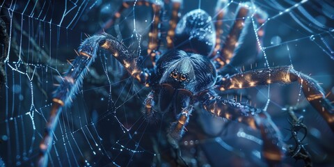 Ethereal Macro Close-Up of Spider on Illuminated Web