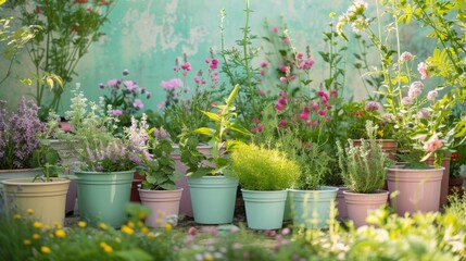 Innovative planters made from recyclables house medicinal herbs in a sustainable garden. Pale green and bubblegum pink pots create a functional and visually appealing landscape. - obrazy, fototapety, plakaty