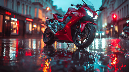 Red Motorcycle Parked on Wet Street