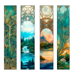 Set of four printable vintage bookmarks with abstract motifs of Art Nouveau landscapes on a white background in isolation.