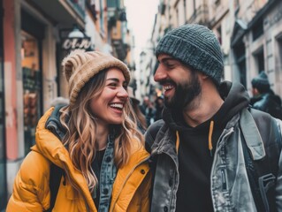 Fototapeta premium Smiling couple enjoying on vacation, walking and exploring city street during the day.