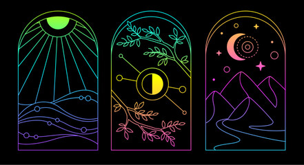 Set of Modern magic fluorescent witchcraft cards with sun, moon, mountains and ocean. Line art occult vector illustration