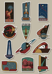 Space Patches, Emblems, Labels, Logos. Retro Future Style Cosmic Stickers. Astronaut, Space Rockets, Planets and Stars