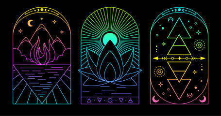Set of Modern magic fluorescent witchcraft cards with Four elements and lotus. Line art occult vector illustration - 784718524