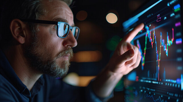 Man studying chart on computer screen with intense concentration
