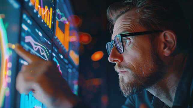 Focused man analyzing data on computer screen with chart