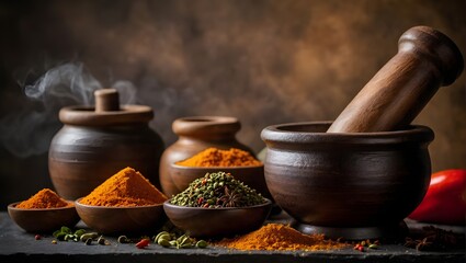 A warm, aromatic atmosphere is created by various spices in bowls and a mortar, highlighting culinary artistry and diverse flavors.

 - Powered by Adobe