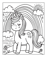 Fototapeta premium Cute unicorn with rainbow. black and white vector illustration for coloring book, Generative AI