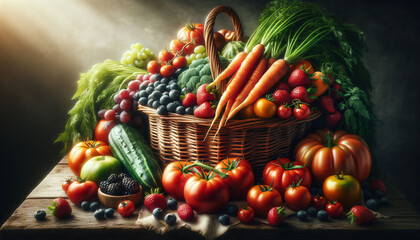 a painting of a basket of vegetables and fruits