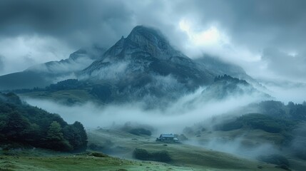 Naklejka premium Foggy Mountain With House in Foreground