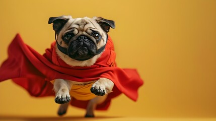 Super Pug's Daring Leap on Sunny Background. Concept Pets, Action, Adventure, Nature, Sunlight
